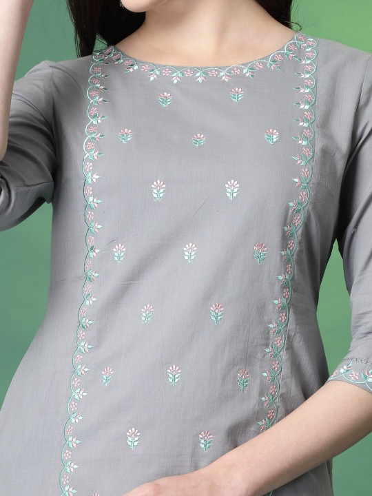 Floral Embroidered Cotton Straight Kurta